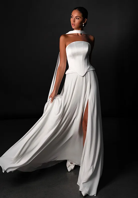 Strapless Satin Corset Wedding Dress with Flowing Halter Ribbon, High Slit Ruffled Train Bridal Gown