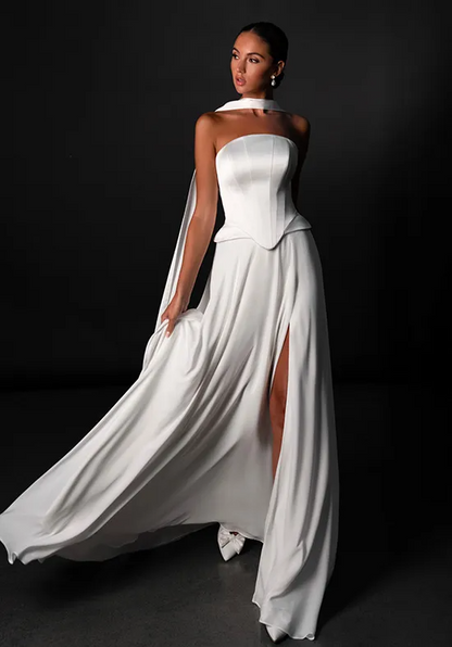 Strapless Satin Corset Wedding Dress with Flowing Halter Ribbon, High Slit Ruffled Train Bridal Gown