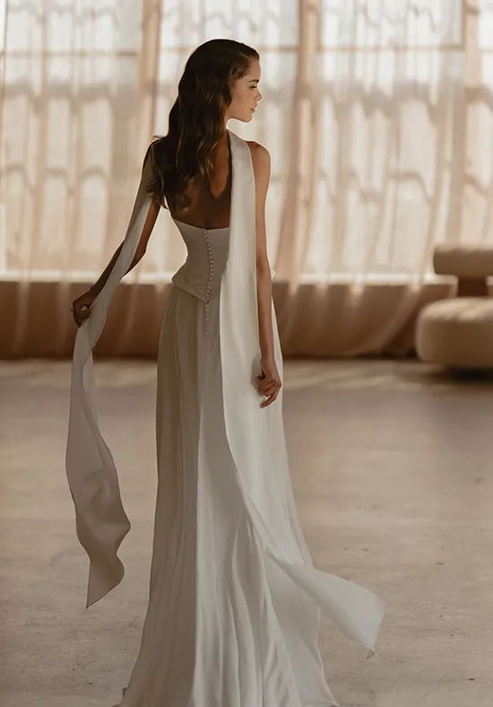 Strapless Satin Corset Wedding Dress with Flowing Halter Ribbon, High Slit Ruffled Train Bridal Gown