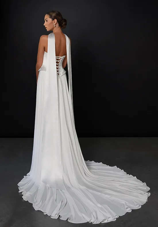 Strapless Satin Corset Wedding Dress with Flowing Halter Ribbon, High Slit Ruffled Train Bridal Gown