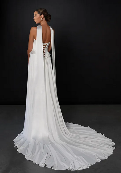 Strapless Satin Corset Wedding Dress with Flowing Halter Ribbon, High Slit Ruffled Train Bridal Gown