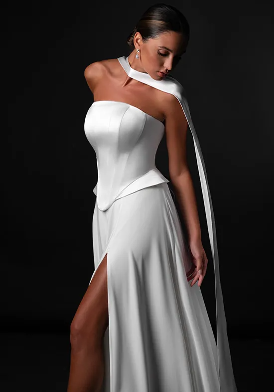Strapless Satin Corset Wedding Dress with Flowing Halter Ribbon, High Slit Ruffled Train Bridal Gown