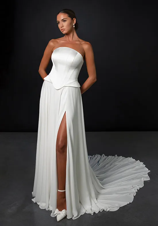 Strapless Satin Corset Wedding Dress with Flowing Halter Ribbon, High Slit Ruffled Train Bridal Gown