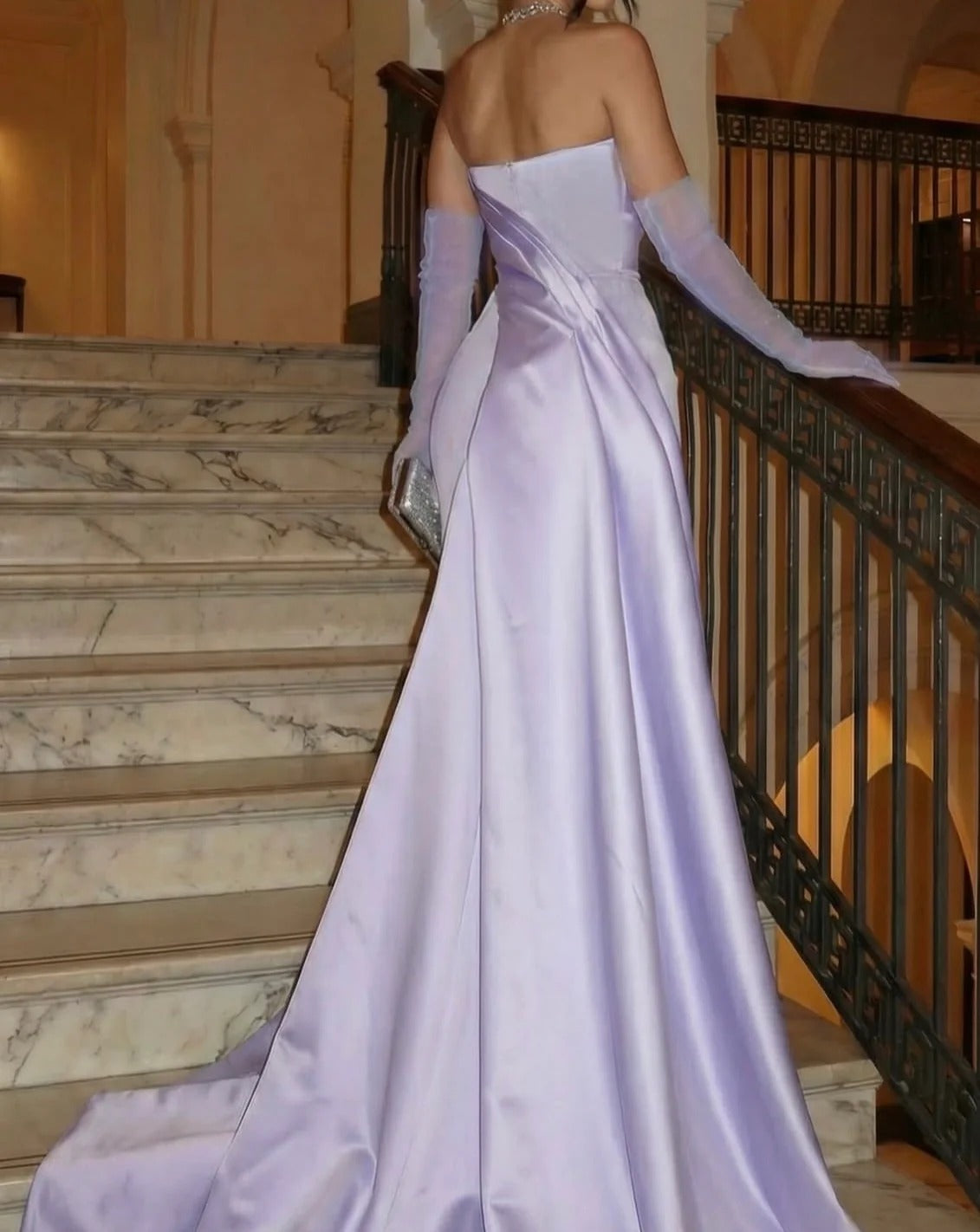 Strapless Satin Draped Skirt Open Back Train Prom Dresses (Lavender Purple)