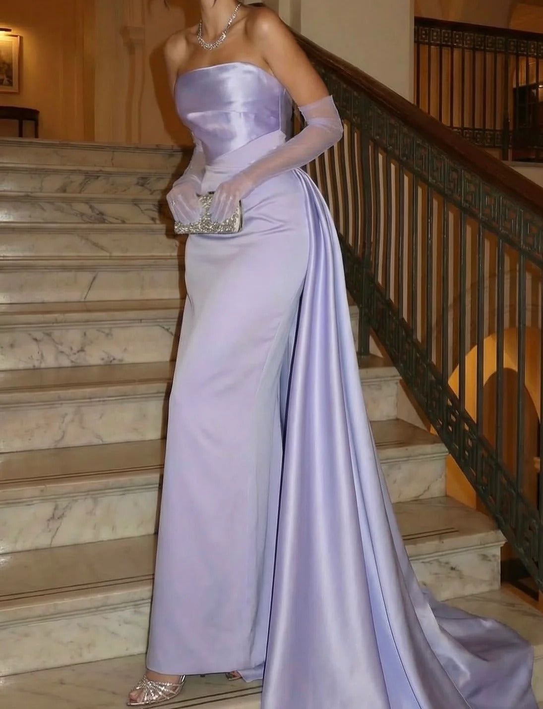 Strapless Satin Draped Skirt Open Back Train Prom Dresses (Lavender Purple)