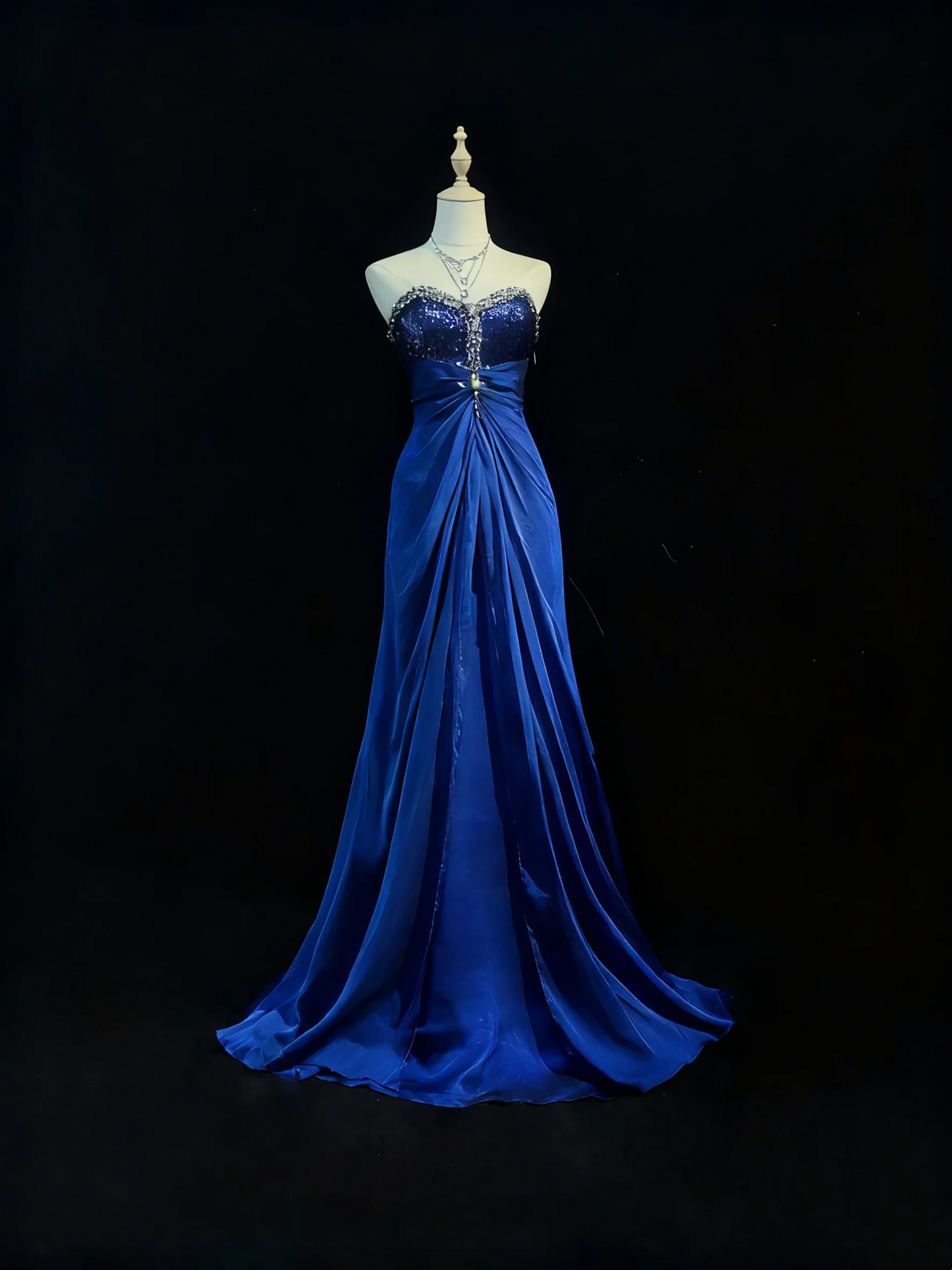 Strapless Sequin Bodice Satin Mermaid Prom Dress with Ruched Waist and Train