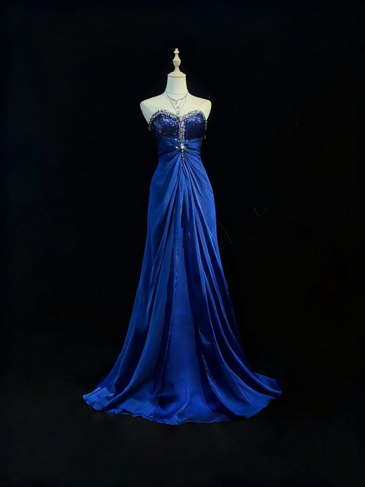 Strapless Sequin Bodice Satin Mermaid Prom Dress with Ruched Waist and Train