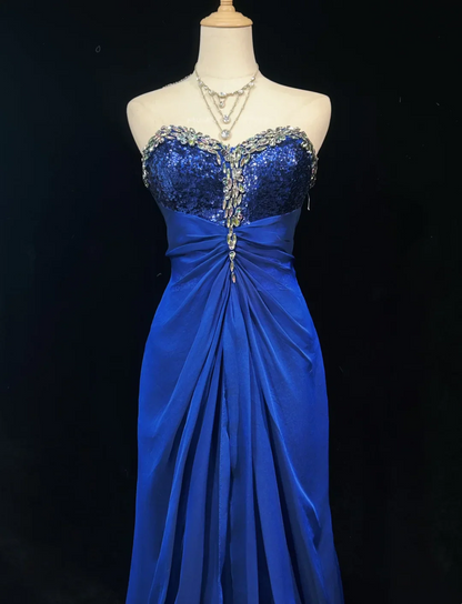 Strapless Sequin Bodice Satin Mermaid Prom Dress with Ruched Waist and Train