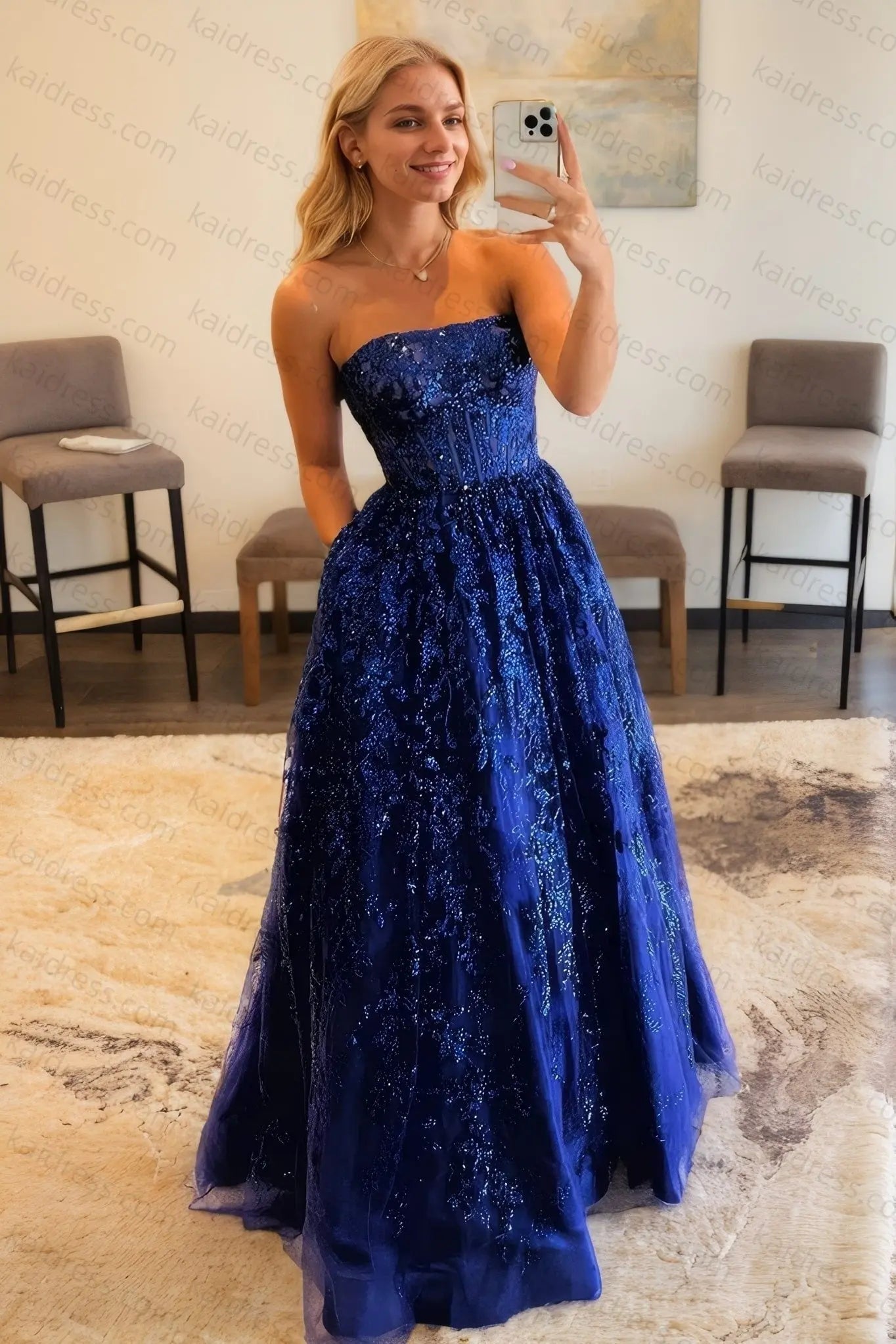 Strapless Sequin Lace Ball Gown Prom Dress with Corset Bodice and Pockets for Formal Events and Prom Nights