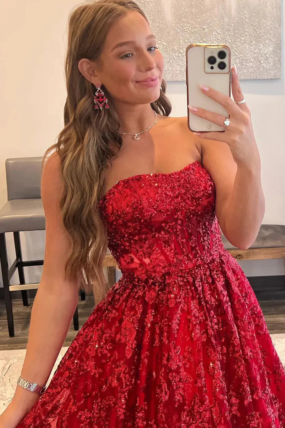 Strapless Sequin Lace Ball Gown Prom Dress with Corset Bodice and Pockets for Formal Events and Prom Nights