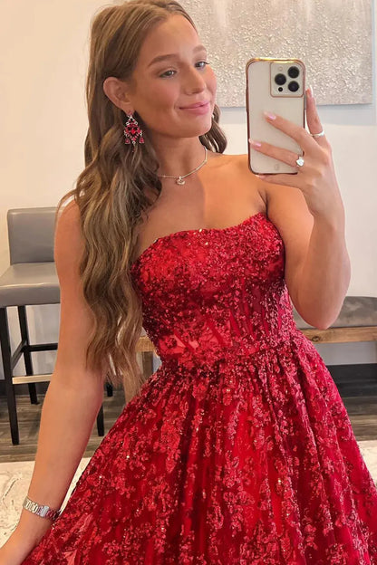 Strapless Sequin Lace Ball Gown Prom Dress with Corset Bodice and Pockets for Formal Events and Prom Nights