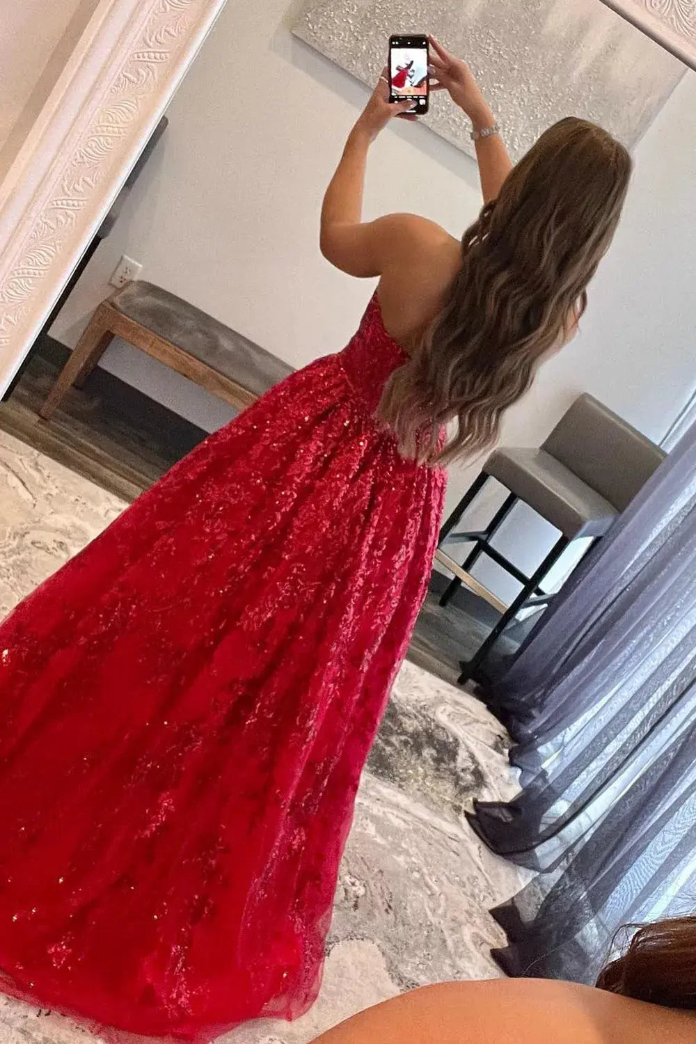 Strapless Sequin Lace Ball Gown Prom Dress with Corset Bodice and Pockets for Formal Events and Prom Nights