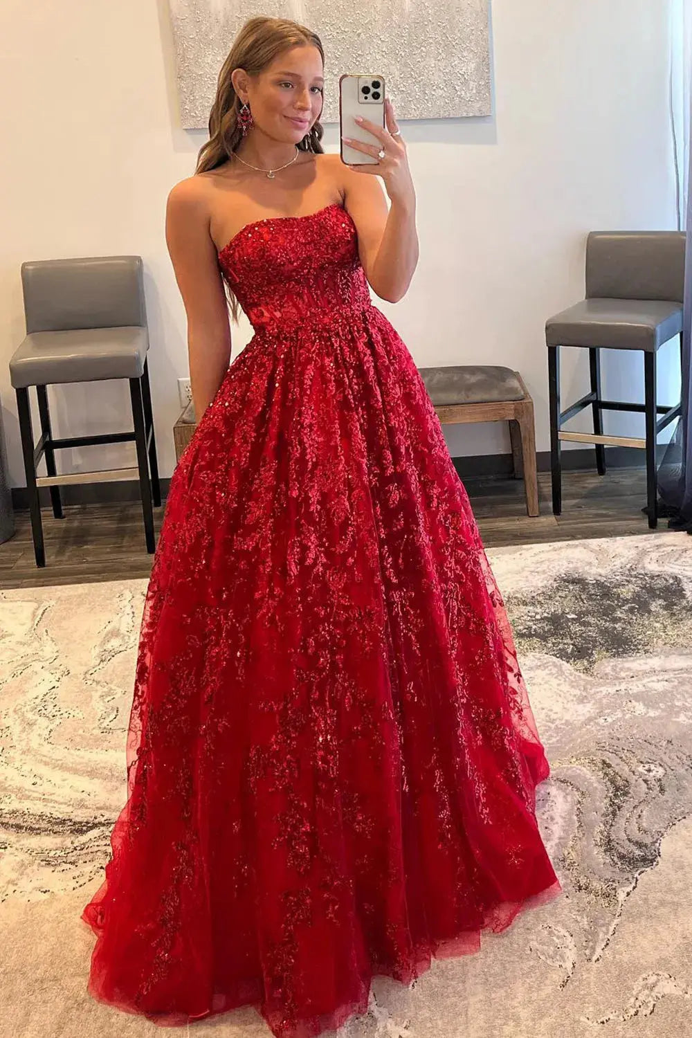 Strapless Sequin Lace Ball Gown Prom Dress with Corset Bodice and Pockets for Formal Events and Prom Nights