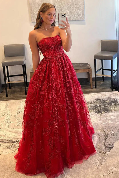 Strapless Sequin Lace Ball Gown Prom Dress with Corset Bodice and Pockets for Formal Events and Prom Nights