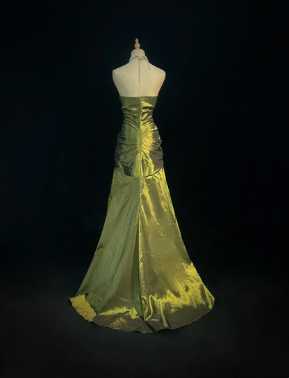 Strapless Sequin Panel Taffeta Mermaid Prom Dress with Ruched Bodice and Ruffled Skirt