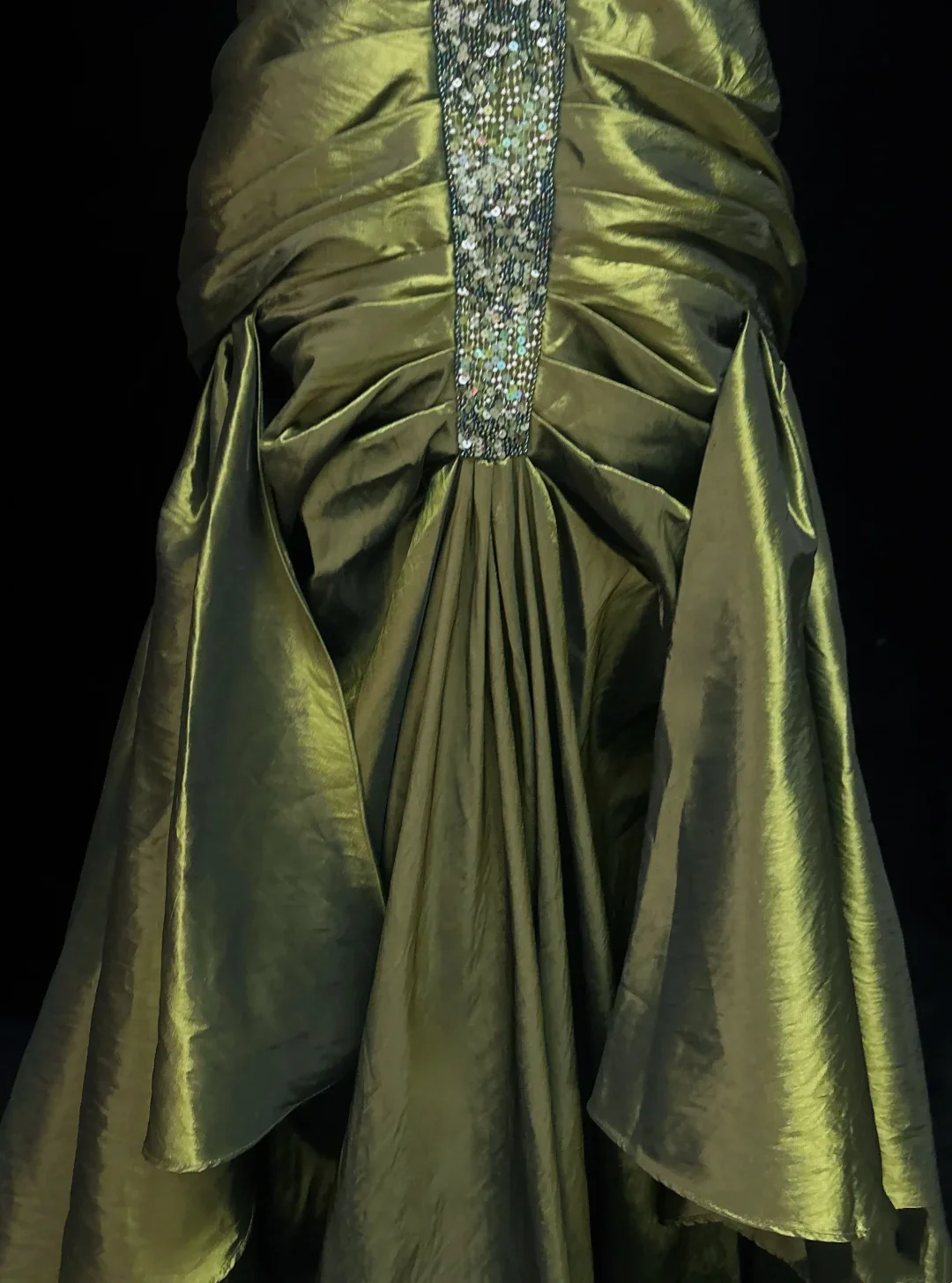 Strapless Sequin Panel Taffeta Mermaid Prom Dress with Ruched Bodice and Ruffled Skirt