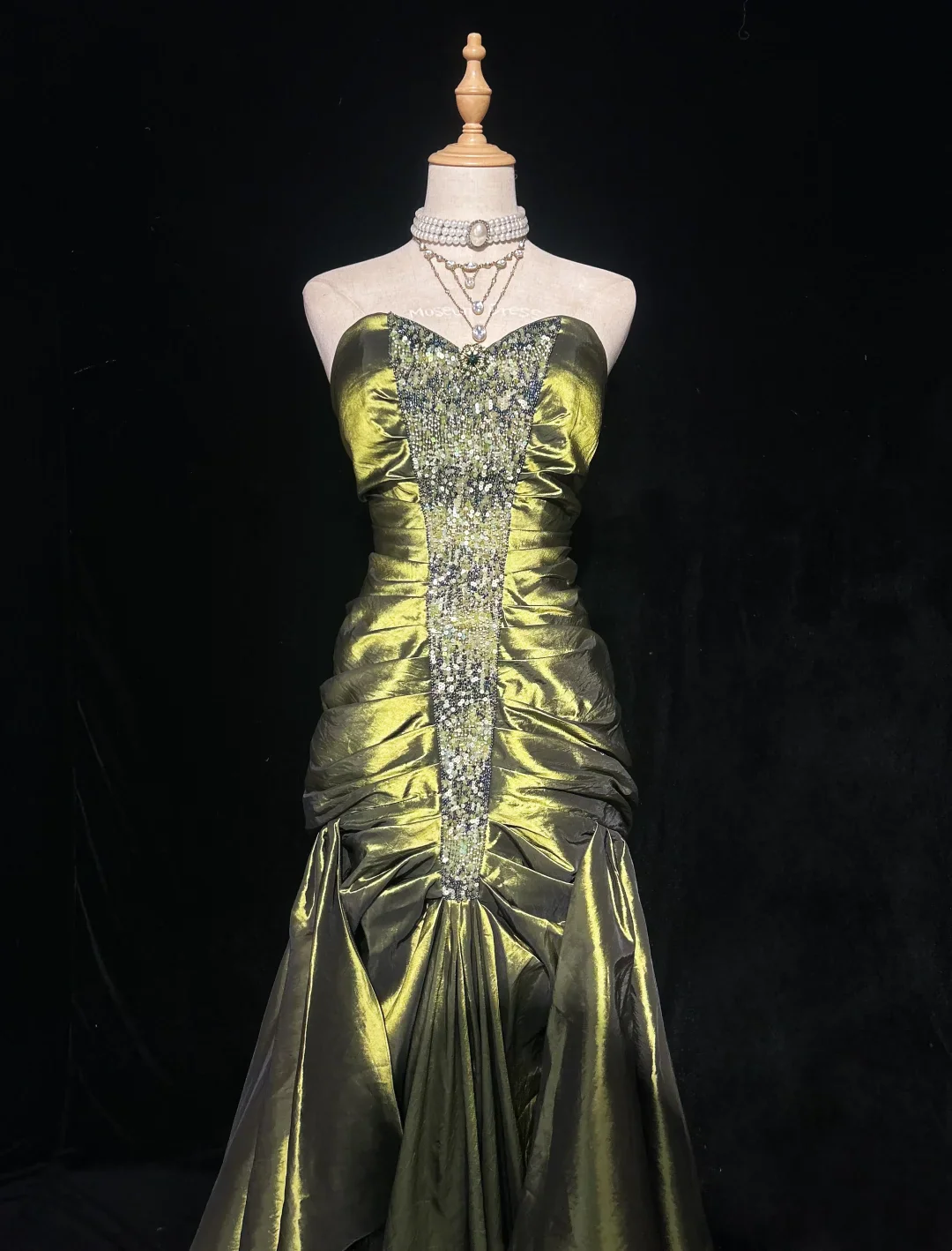 Strapless Sequin Panel Taffeta Mermaid Prom Dress with Ruched Bodice and Ruffled Skirt