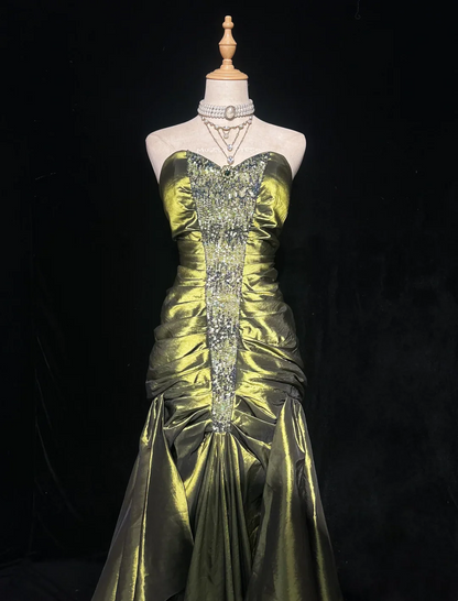 Strapless Sequin Panel Taffeta Mermaid Prom Dress with Ruched Bodice and Ruffled Skirt