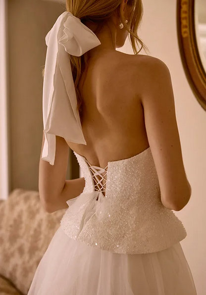 Strapless Sparkly Beaded Corset Tulle A-Line Wedding Dress Lace Up Back With Detachable Bow