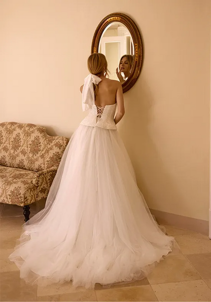 Strapless Sparkly Beaded Corset Tulle A-Line Wedding Dress Lace Up Back With Detachable Bow