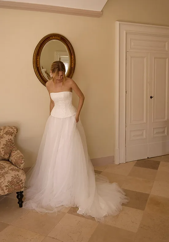 Strapless Sparkly Beaded Corset Tulle A-Line Wedding Dress Lace Up Back With Detachable Bow
