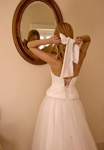 Strapless Sparkly Beaded Corset Tulle A-Line Wedding Dress Lace Up Back With Detachable Bow