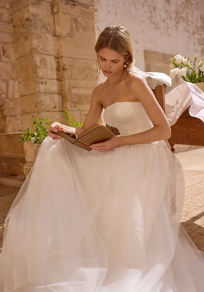 Strapless Sparkly Beaded Corset Tulle A-Line Wedding Dress Lace Up Back With Detachable Bow