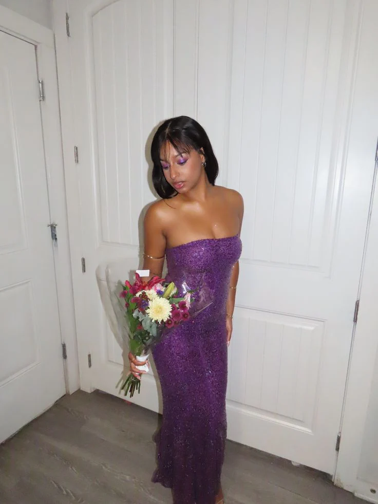 Strapless Straight Neck Glitter Sequin Form Fitting Floor Length Maxi Prom Dresses