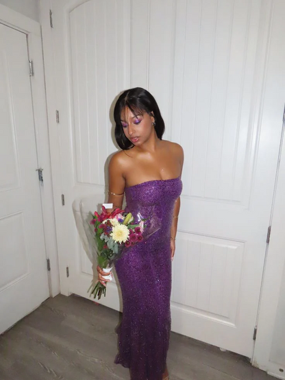 Strapless Straight Neck Glitter Sequin Form Fitting Floor Length Maxi Prom Dresses