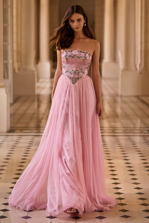 Strapless Sweetheart 3D Floral Appliqué Lace Lined Blush Pink Tulle A Line Chapel Train Prom Dresses