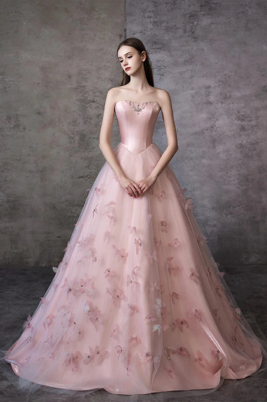 Strapless Sweetheart Blush Pink 3D Butterfly Beaded Ball Gown Evening Dresses with Lace-Up Back and Floor-Length Train