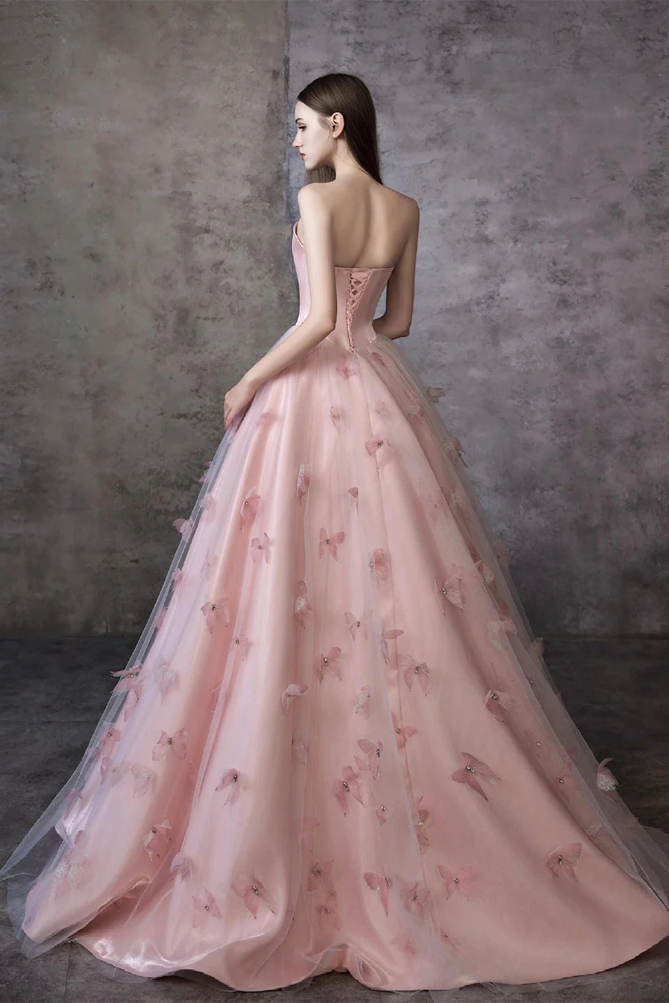 Strapless Sweetheart Blush Pink 3D Butterfly Beaded Ball Gown Evening Dresses with Lace-Up Back and Floor-Length Train