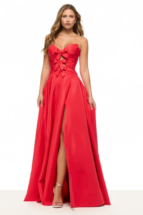 Strapless Sweetheart Bow Front Ruched Waist High Slit Red Satin A Line Cathedral Train Prom Dresses