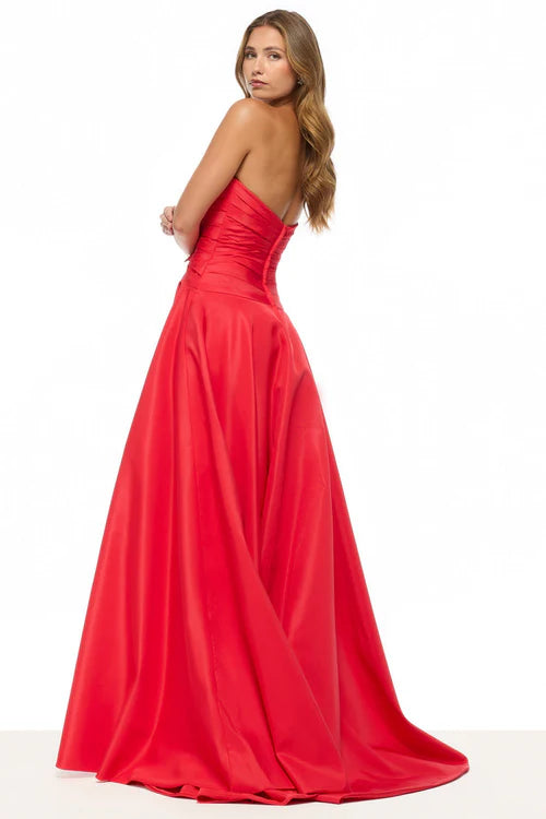 Strapless Sweetheart Bow Front Ruched Waist High Slit Red Satin A Line Cathedral Train Prom Dresses