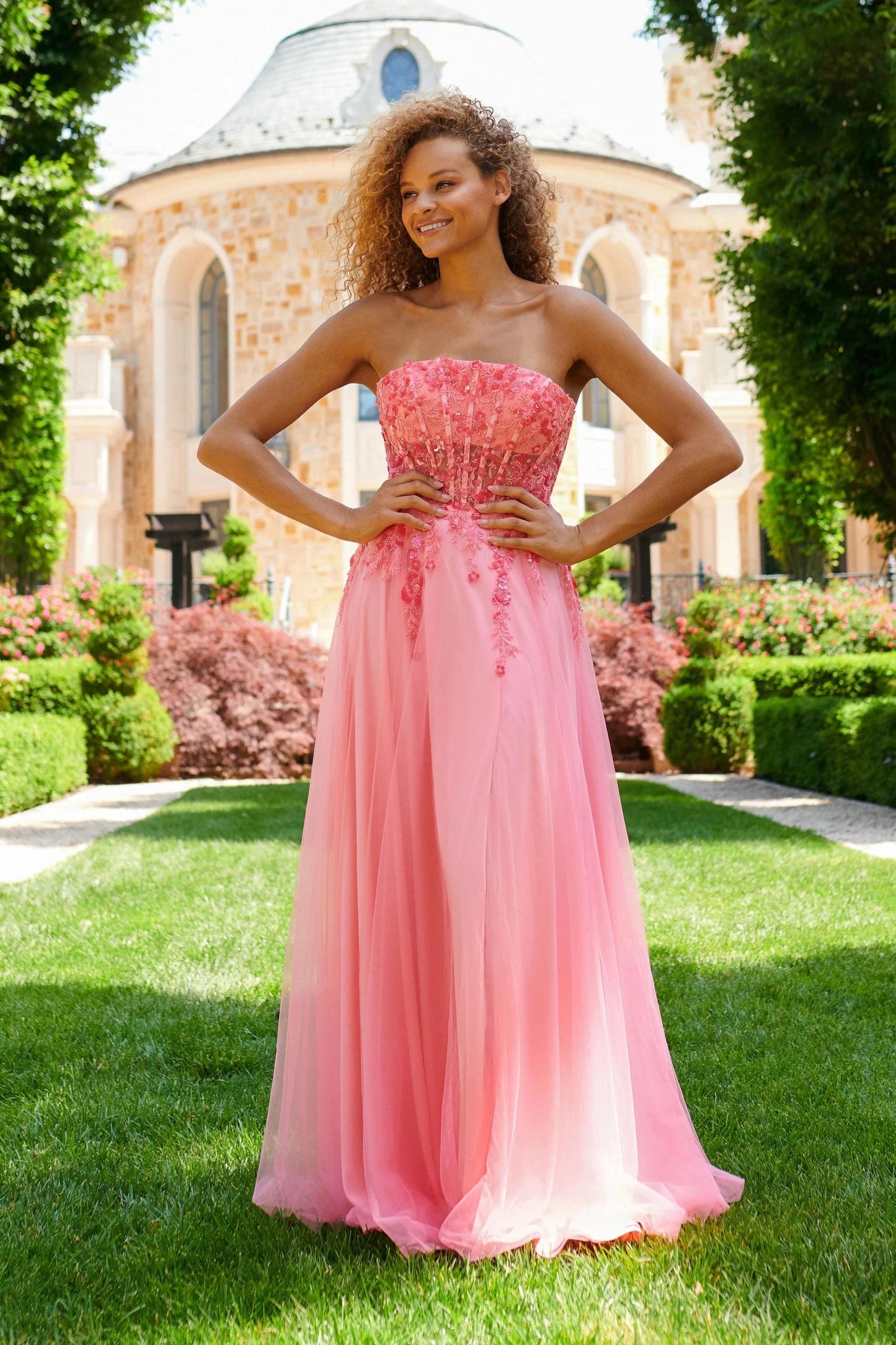 Strapless Sweetheart Lace Appliqué A-Line Hot Pink Tulle Prom Dresses