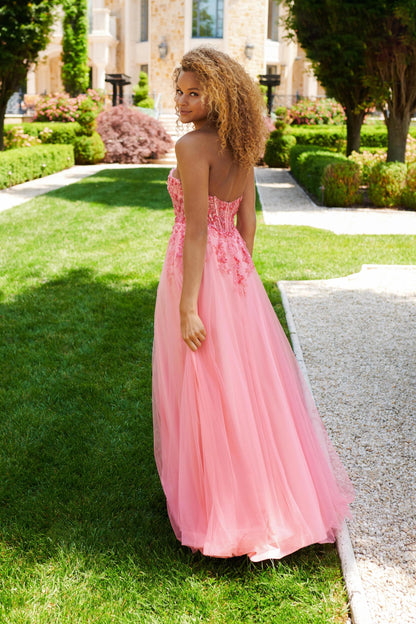 Strapless Sweetheart Lace Appliqué A-Line Hot Pink Tulle Prom Dresses