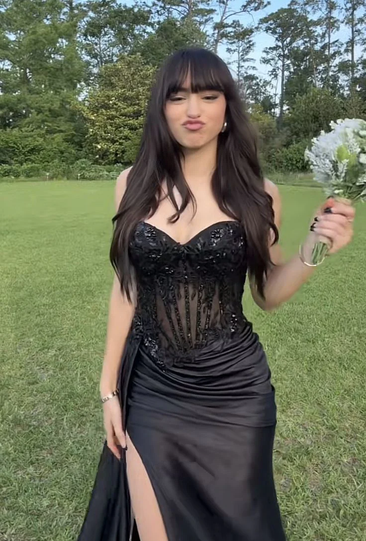 Strapless Sweetheart Neck Beaded Lace Corset Draped Satin High Side Slit Mermaid Prom Dresses