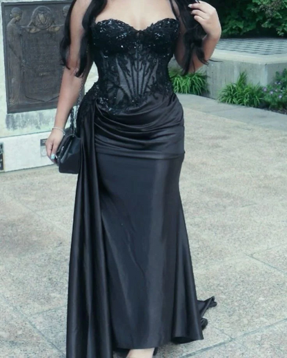 Strapless Sweetheart Neck Beaded Lace Corset Draped Satin High Side Slit Mermaid Prom Dresses