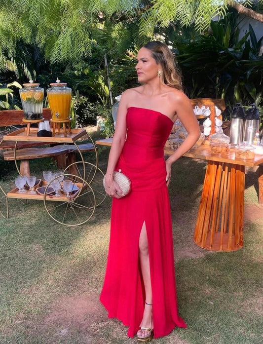 Strapless Sweetheart Neck Ruched Waist Flowy Chiffon High Side Slit Maxi Prom Dresses