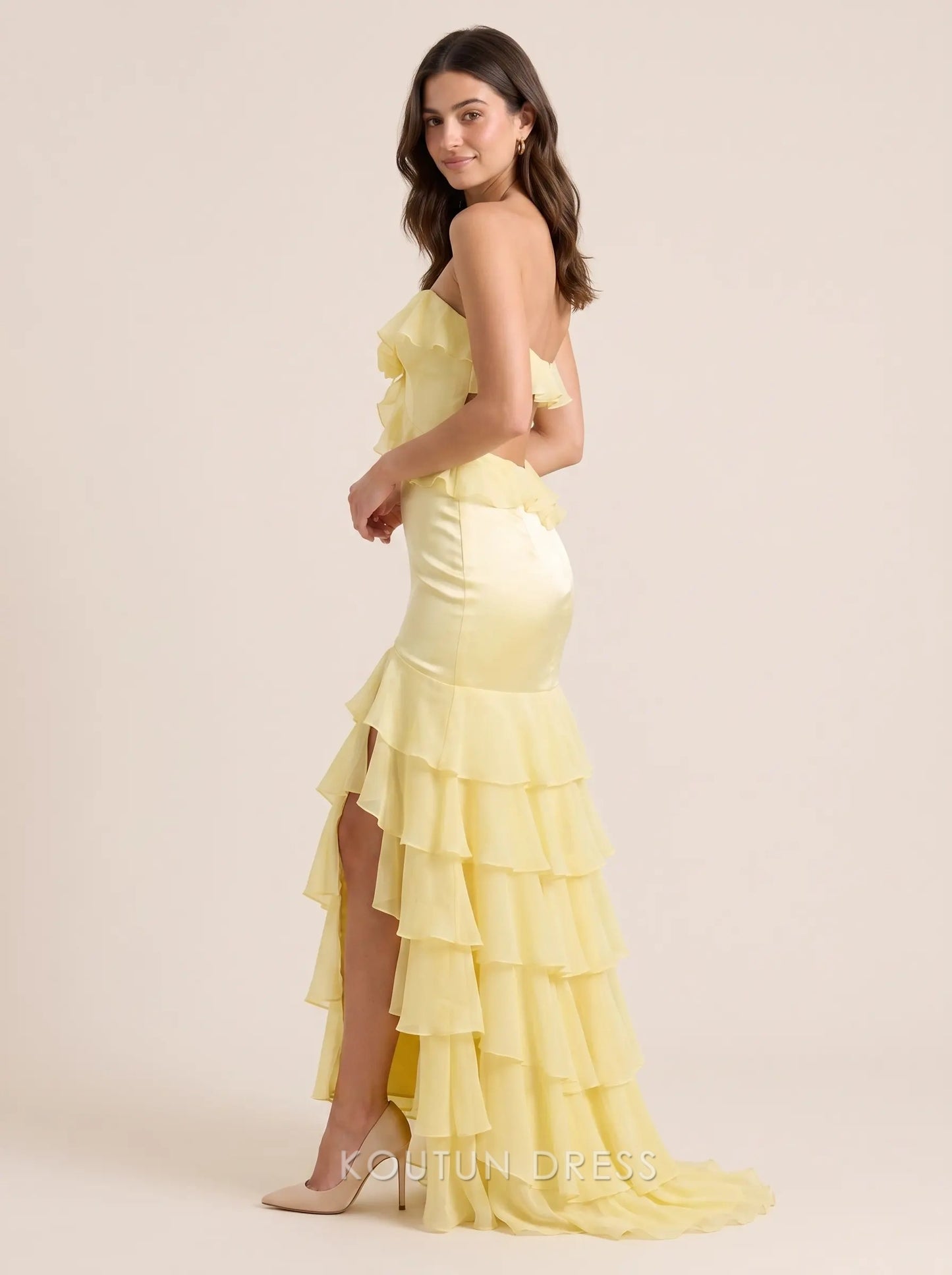 Strapless Sweetheart Neckline 3D Floral Accent Tiered Ruffle Chiffon High Slit Mermaid Floor Length Prom Dress