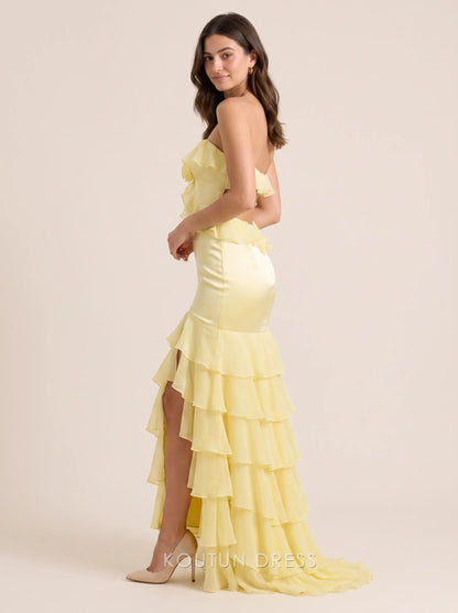 Strapless Sweetheart Neckline 3D Floral Accent Tiered Ruffle Chiffon High Slit Mermaid Floor Length Prom Dress