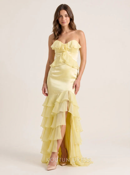 Strapless Sweetheart Neckline 3D Floral Accent Tiered Ruffle Chiffon High Slit Mermaid Floor Length Prom Dress