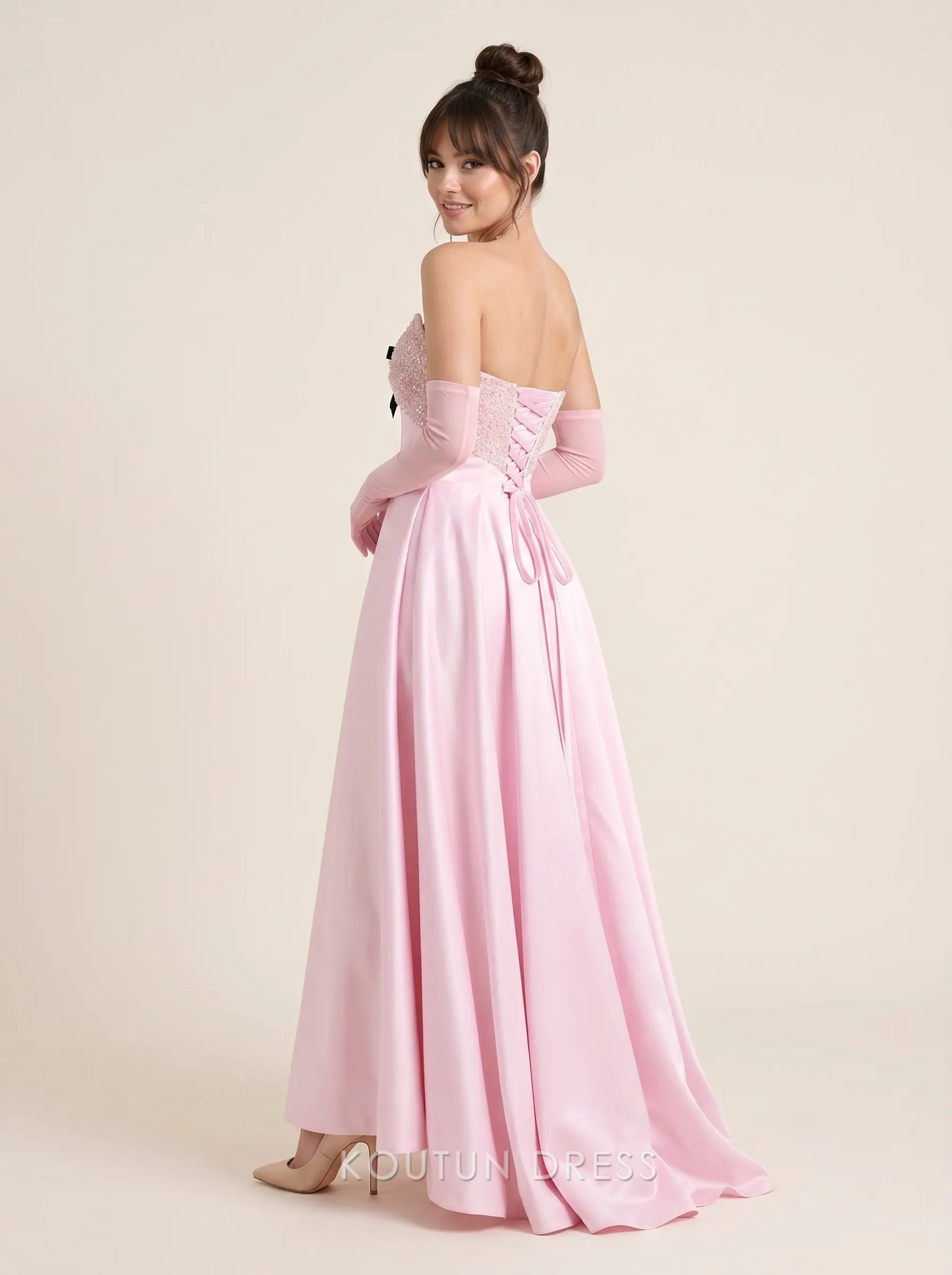 Strapless Sweetheart Neckline Beaded Bodice Black Bow Lace-Up Back Satin A Line Floor Length Prom Dress with Detachable Gloves