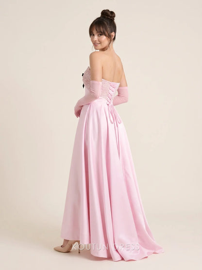 Strapless Sweetheart Neckline Beaded Bodice Black Bow Lace-Up Back Satin A Line Floor Length Prom Dress with Detachable Gloves
