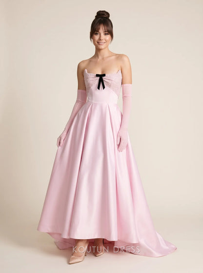 Strapless Sweetheart Neckline Beaded Bodice Black Bow Lace-Up Back Satin A Line Floor Length Prom Dress with Detachable Gloves