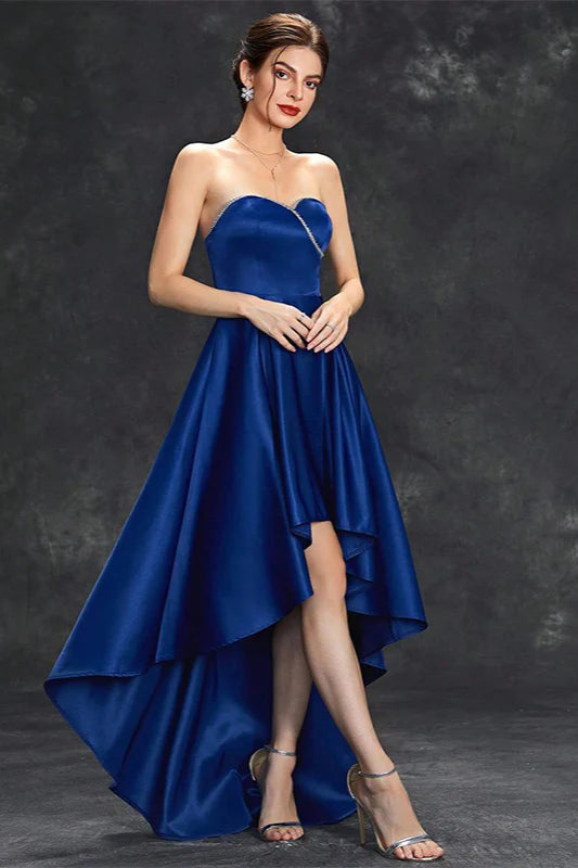 Strapless Sweetheart Royal Blue High-Low Satin Evening Dresses with Rhinestone Accent and Lace-Up Back