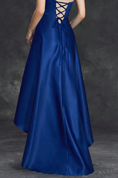 Strapless Sweetheart Royal Blue High-Low Satin Evening Dresses with Rhinestone Accent and Lace-Up Back