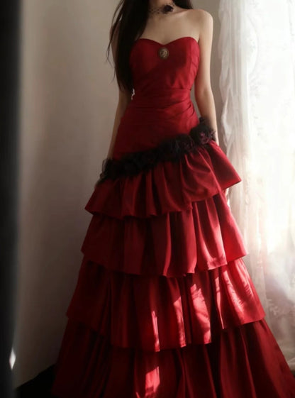 Strapless Tiered Ruffle Taffeta Prom Dress with Black Floral Trim and Medallion Detail