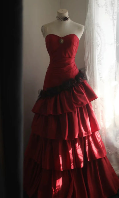 Strapless Tiered Ruffle Taffeta Prom Dress with Black Floral Trim and Medallion Detail