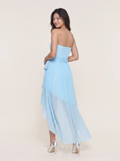 Strapless V Notch Wrap Waist Asymmetrical Hem Chiffon Prom Dress